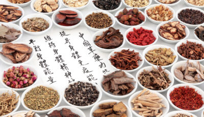 Chinese herbal medicine ingredients with calligraphy on rice paper. Translation reads as chinese herbal medicine as increasing the bodys ability to maintain body and spirit health and balance energy.